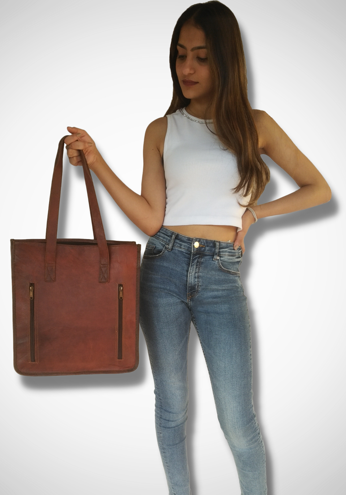 Women's Genuine Leather Brown Open Purse Tote Travel shoulder bag 